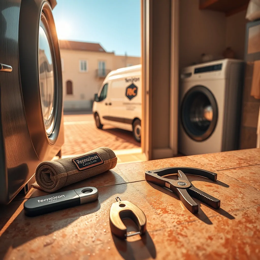 Cocina acogedora con lavadora abierta y herramientas, furgoneta de servicio en la puerta; reparaciones en Castellón.