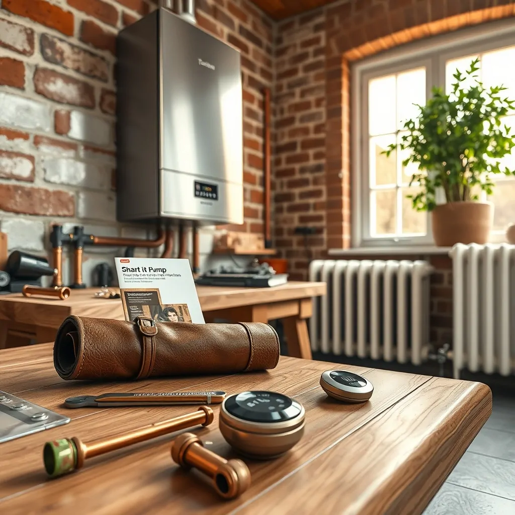 Taller doméstico con caldera, termostato y herramientas; alternativas para la reparación de sistemas de calefacción.