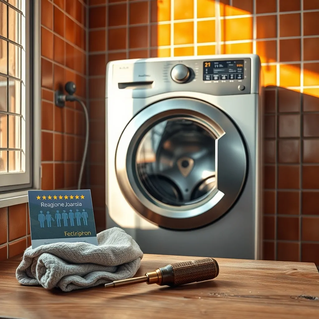 Esquina de lavandería en Valencia con lavadora, azulejos terracota y luz suave; ideal para buscar "Que empresas de reparacion de lavadoras tienen mejores opiniones en Valencia".