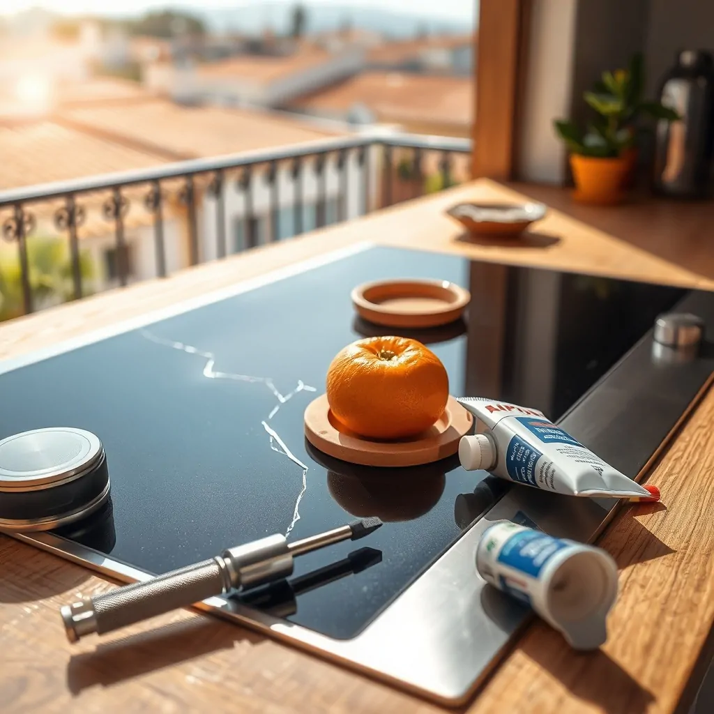 Primer plano de una vitrocerámica agrietada en una encimera de roble, con herramientas y un naranjo, ideal para reparaciones en Valencia.