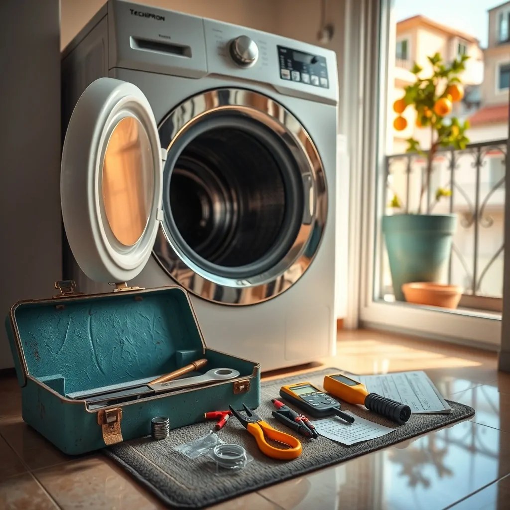 Nook de lavandería en Valencia con lavadora abierta y herramientas; servicios de reparación ofrecen soluciones rápidas y eficaces.