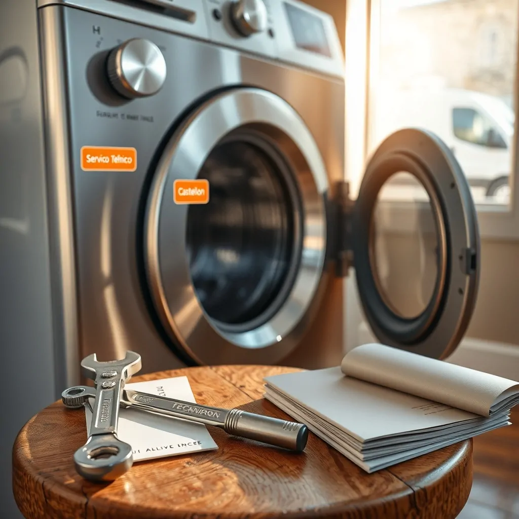 Escena de reparación doméstica con lavadora de acero inoxidable y herramientas, ideal para encontrar servicio técnico en Castellón.