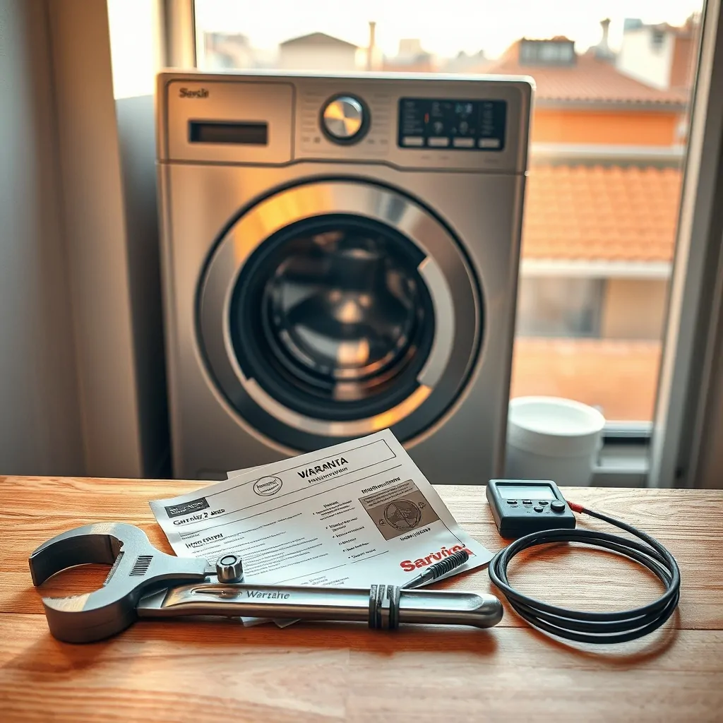 Nook de lavandería en Barcelona con lavadora, herramientas y certificado de garantía; ideal para buscar servicio técnico.